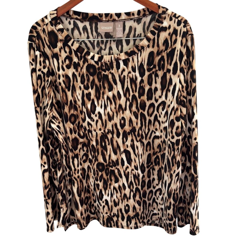 Chico's Womens Leopard Long Sleeve Pullover Tunic Top Sz 3 XL Crew Neck Stretchy